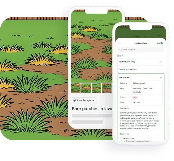 SiteDNA template selector on iPhone showing a 'Bare patches in lawn' template with category, tags, and pricing, alongside a quick-tap template library, over an illustration of damaged turf with patchy lawn.